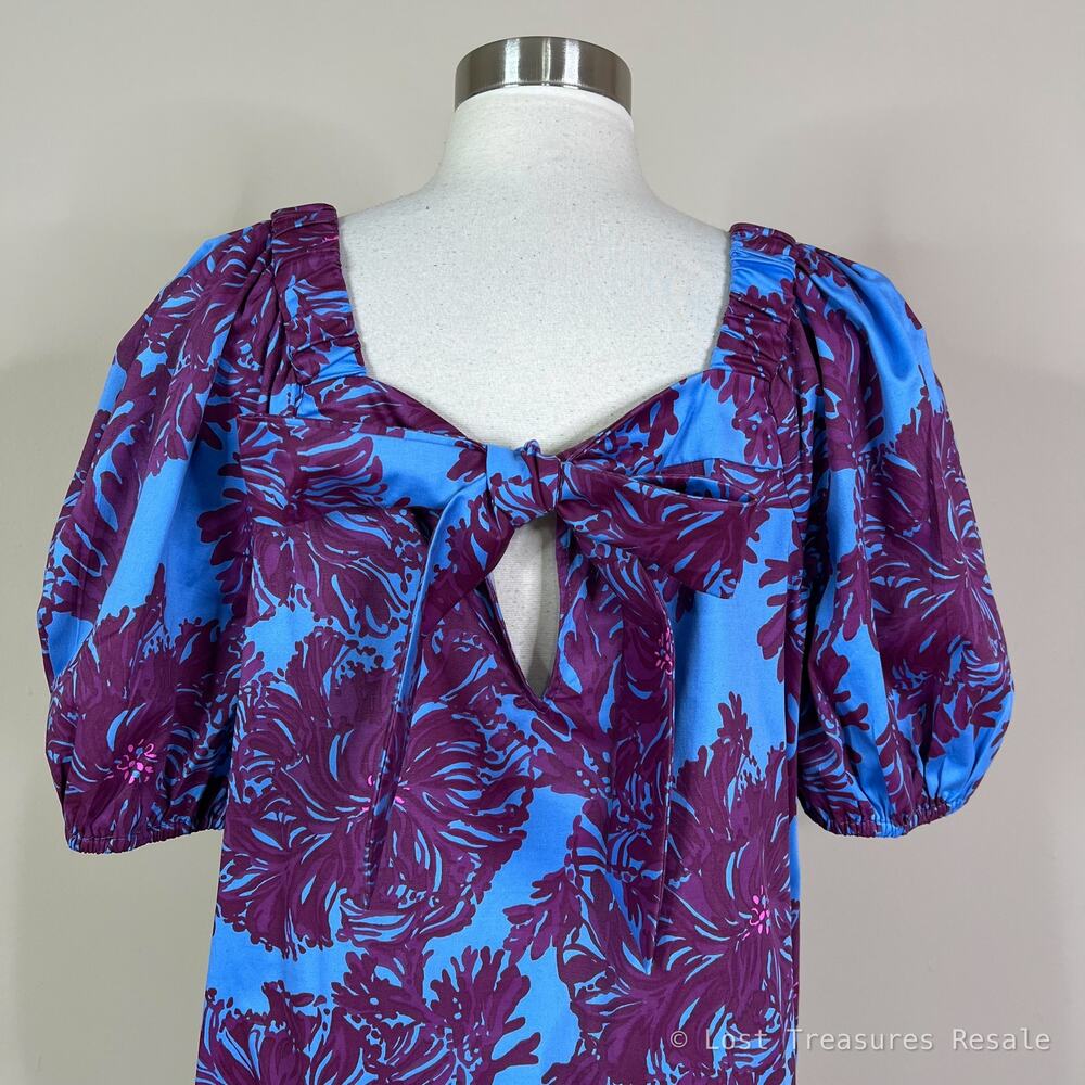 Lilly Pulitzer | Torrey Floral Puff Sleeve Blue Purple Square Neck Top Blouse 12 - Picture 6 of 10